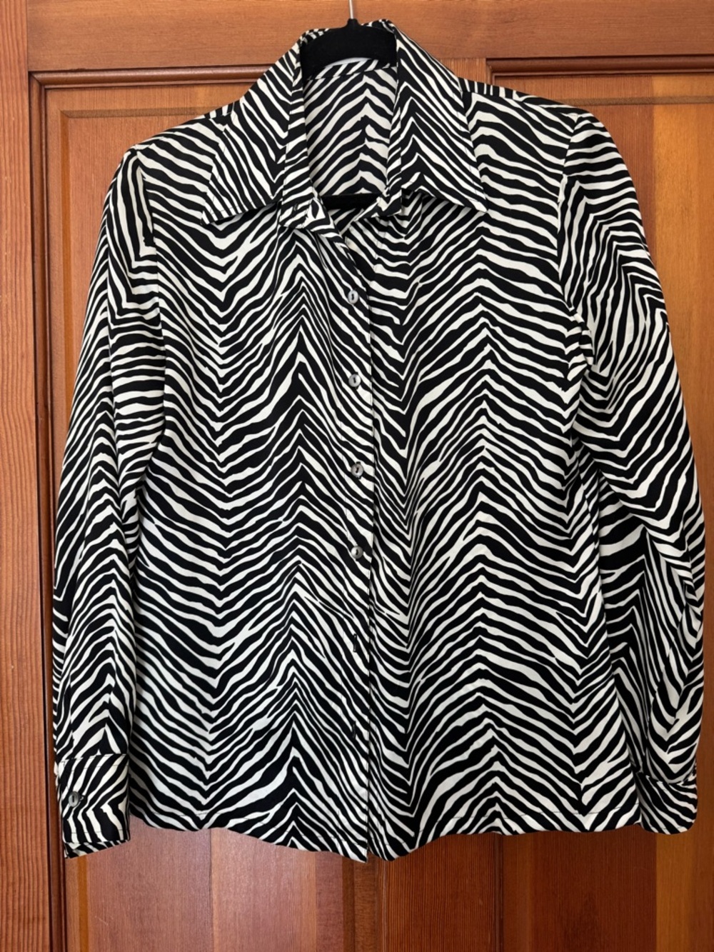 100% Silk Black & White Zebra Print Button-Up Blouse